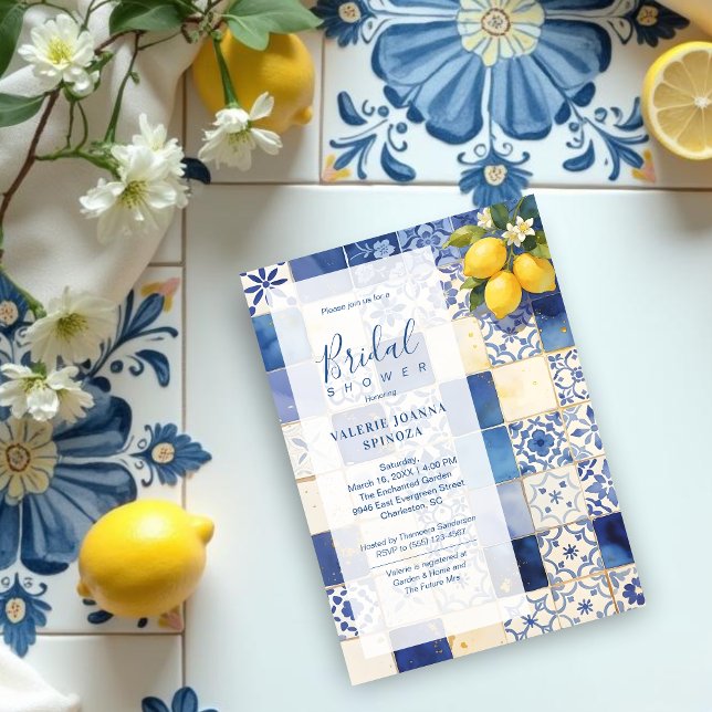 Delicate Mediterranean Tiles and Lemons Flowers Inbjudningar (Delicate Mediterranean Tiles and Lemons Flowers in Blue Shades Wedding Bridal Shower Invitations.)