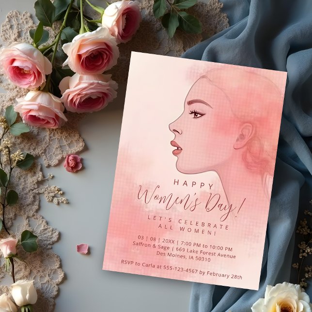 Delicate Minimalist Woman Pink Happy Women's Day Inbjudningar (Delicate Minimalist Woman in Pink Happy Women's Party Invitations Cards. Let's Celebrate All Women.)