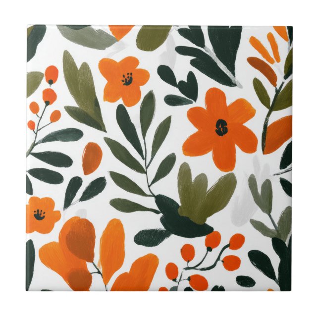 Delicate Orange Flowers Spring Floral Pattern  Kakelplatta (Framsidan)