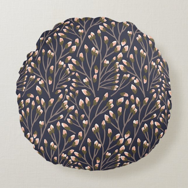 Delicate Pink Buds on Brown Branches Rund Kudde (Framsidan)