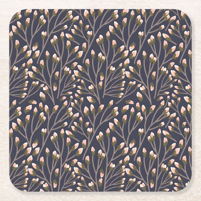 Delicate Pink Buds on Brown Branches Underlägg Papper Kvadrat (Framsidan)