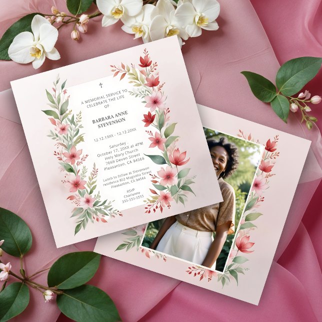 Delicate Pink Cherish Botanical Wildflower Funeral Inbjudningar (Delicate Pink Shades Cherish Botanical Wildflowers Branches Photo Funeral Invitations Cards.)