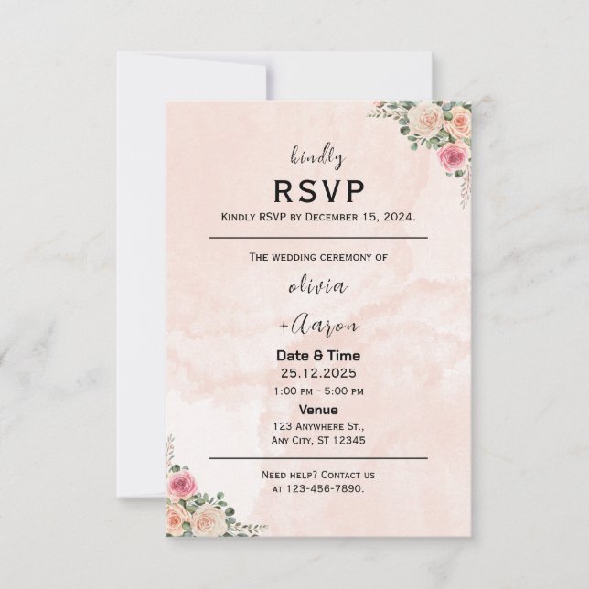 Delicate Pink Cream Floral Wedding RSVP Cards OSA Kort (Framsida)