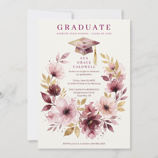 Delicate Pink Floral Wreath Graduation Cap  Inbjudningar (Framsida)