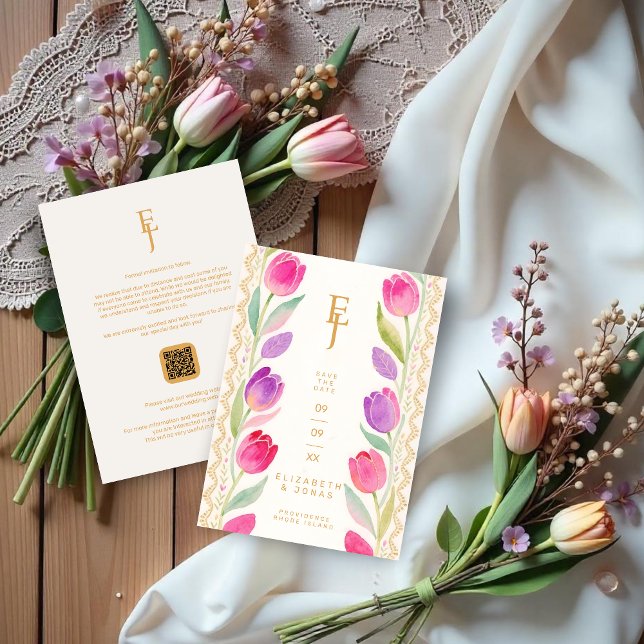 Delicate Pink & Purple Tulips Border Wedding Spara Datumet (Delicate Romantic Pink and Purple Tulips Border Wedding Save the Date Cards with Initials & QR Code.)