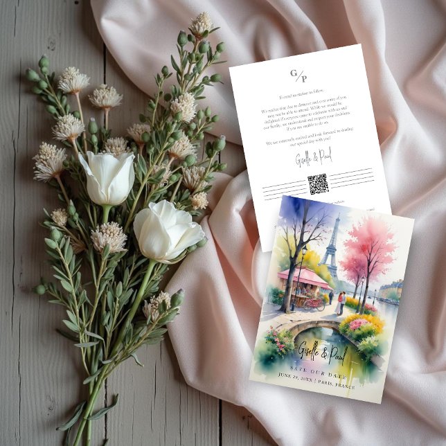 Delicate Pink Romantic Paris Landscape Wedding Spara Datumet (Delicate Pink Tones Romantic Paris Landscape with Couple Wedding Save the Date Card Design.)