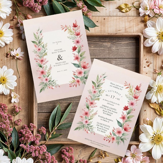 Delicate Pink Shades Cherish Botanical Wildflowers Inbjudningar (Delicate Pink Shades Cherish Botanical Wildflowers Branches Wedding Invitations Cards.)