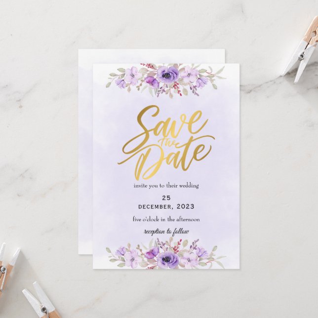 Delicate Purple Floral Wedding Save the Date Inbjudningar (Fram/Back In Situ)