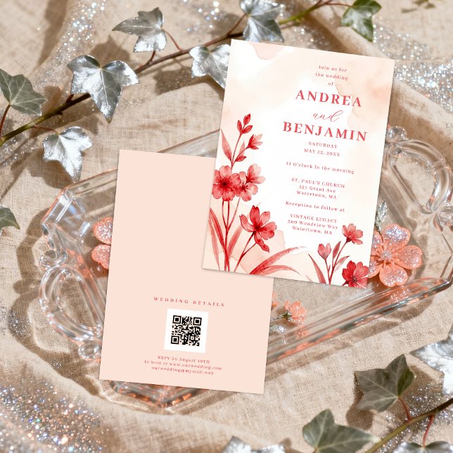 Delicate Romantic Bloom Juicy Red & Pinky Pink  Inbjudningar (Delicate Romantic Bloom Juicy Red & Pinky Pink Editorial Wedding Invitation with Back QR Code. )