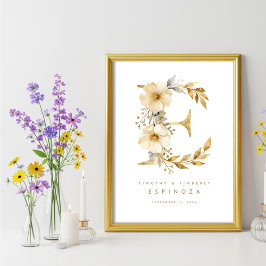 Delicate Romantic Floral E Letter Gold Glitter Poster