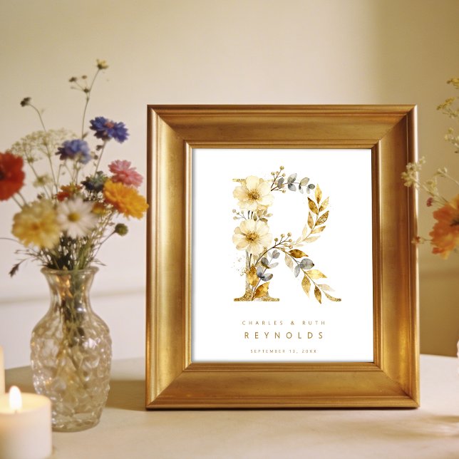 Delicate Romantic Floral R Letter Gold Glitter Poster (Delicate Romantic Floral R Letter in Gold Glitter Effect Posters Decor for Couples.)