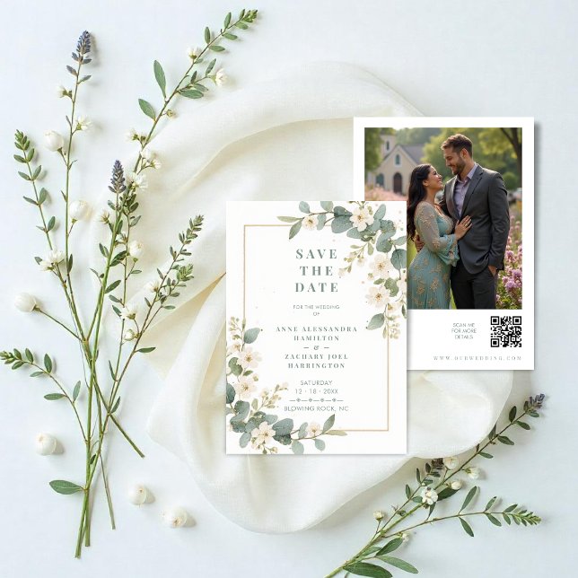 Delicate Romantic Flowers and Branches Wedding Spara Datumet (Delicate Romantic Flowers and Branches Frame Wedding Save the Date Cards with Back Photo and QR Code)