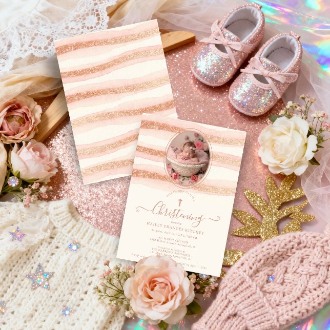Delicate Romantic Rose Gold Glitter Baptist  Inbjudningar (Delicate Romantic Rose Gold Glitter Style Christening Invitation Card with Oval Photo.)