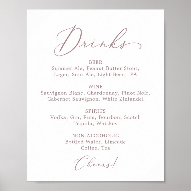 Delicate Rose Gold Wedding Drink Menu Sign Poster (Framsidan)