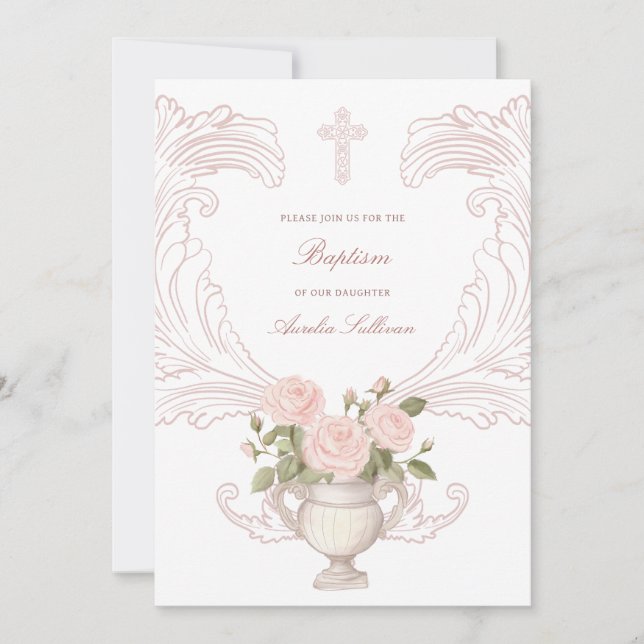 Delicate Roses Frame Baptism Invitation Inbjudningar (Framsida)
