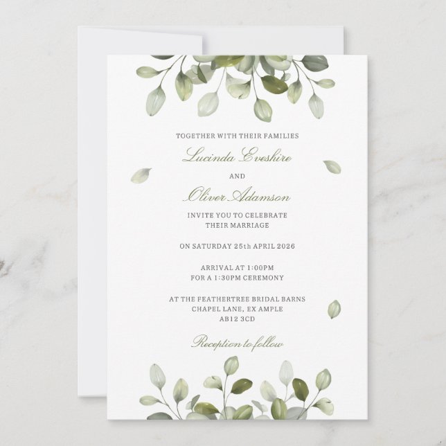 Delicate Sage Eucalyptus Wedding Invitation Inbjudningar (Framsida)