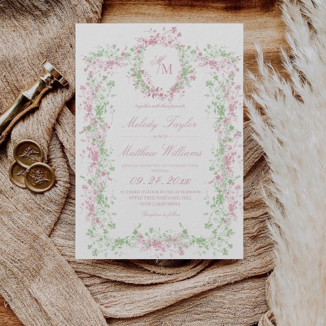 Delicate Soft Pastel Ornate Crest Monogram Wedding Inbjudningar (Skapare uppladdad)