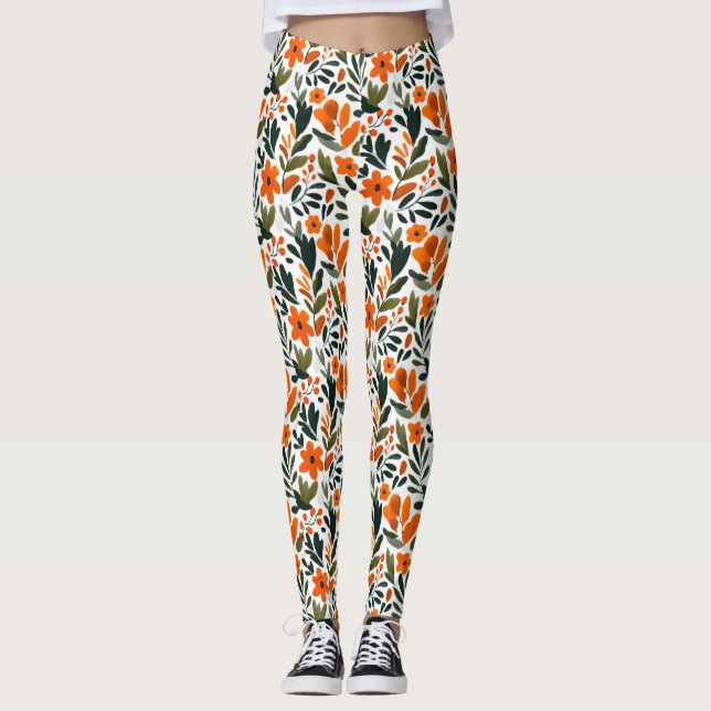 Delicate Spring Flowers Orange Floral Pattern  Leggings (Framsida)