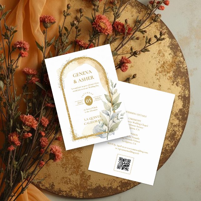 Delicate Spring Green & Beige Floral Arch Wedding Inbjudningar (Delicate Spring Green & Beige Floral Arch Glitter Effect Wedding Invitation with Back QR Code.)
