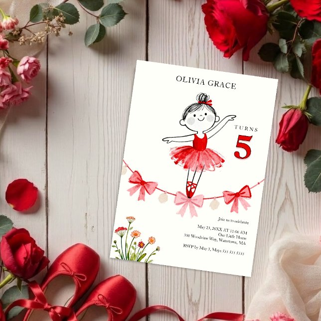 Delicate Sweet Red Ballet Girl Birthday LPM26 Inbjudningar (Sweet Red Ballet Girl Birthday Invitation with Romantic Wildflowers and Delicate Floral Tutu.)
