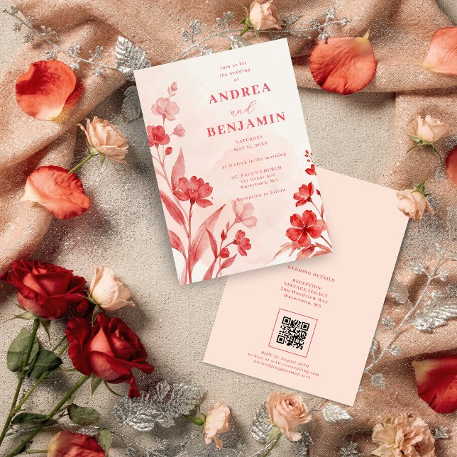 Delicate Wildflowers Juicy Red Pinky Pink Wedding Inbjudningar (Delicate Wildflowers Juicy Red & Pinky Pink Editorial Wedding Invitation with Back QR Code.)