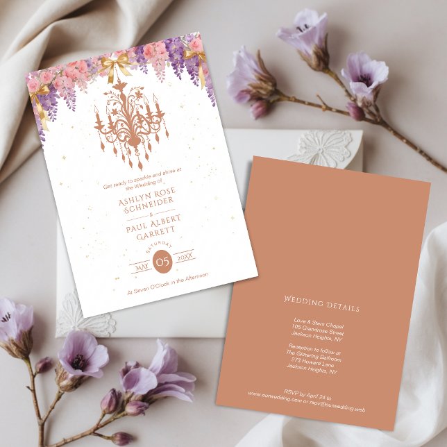 Delicate Wisteria & Exquisite Vintage Chandelier Inbjudningar (Delicate Wisteria & Exquisite Vintage Empire Style Chandelier Wedding Invitation Card Design.)