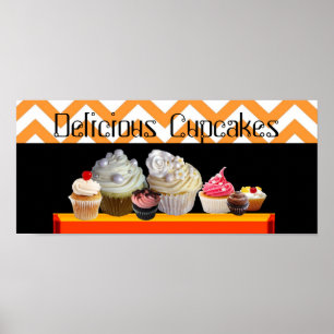 DELICIÖS CUPCAKE DESERT SHOP ORANGE WHITE CHEVRON POSTER