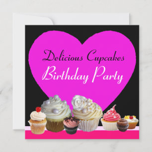 DELICIÖS MUFFINS FÖDELSEDAGSFEST rosa hjärtsvart Inbjudningar