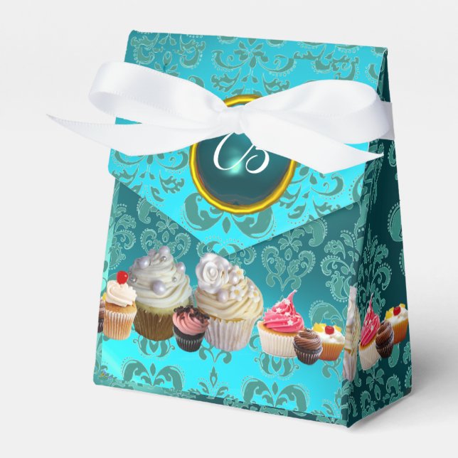 DELICIÖSA MUFFINSAR TEAL DAMASK BLUE GEM MONOGRAM PRESENTASKAR (Framsidan Sidan)