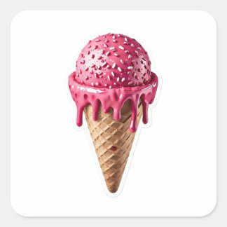 Delicious 3D Pink Strawberry Ice Cream Cone Sticke Fyrkantigt Klistermärke