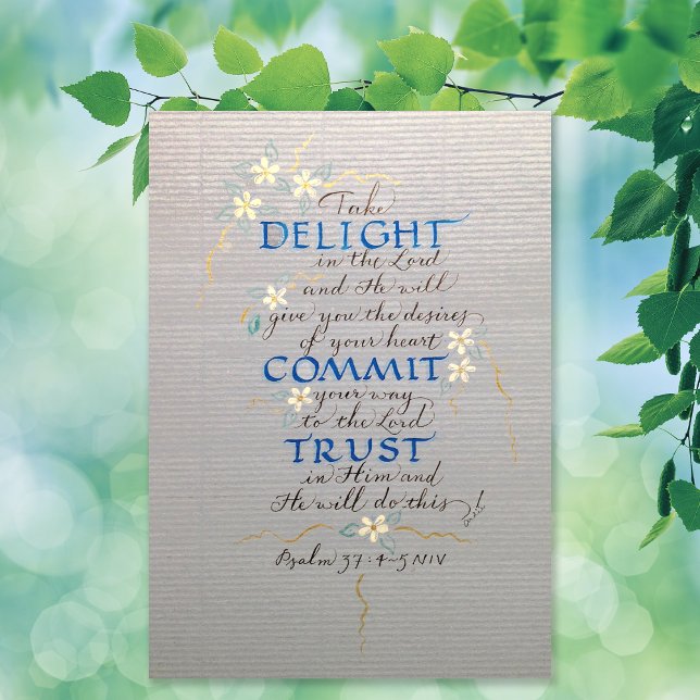 DELIGHT, COMMIT, TRUST, PSALM 37 CALLIGRAPHY BLUES CANVASTRYCK (Skapare uppladdad)