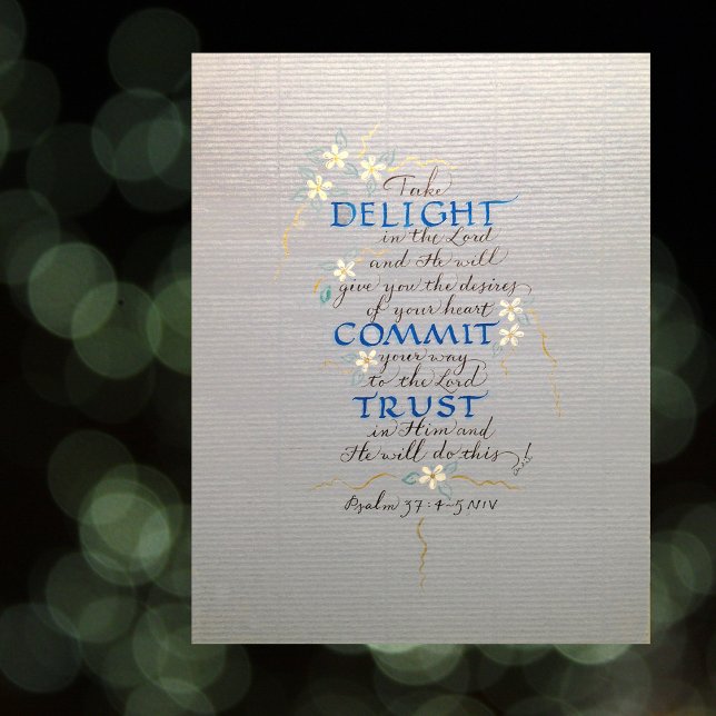 DELIGHT, COMMIT, TRUST, PSALM 37 CALLIGRAPHY BLUES POSTER (Skapare uppladdad)