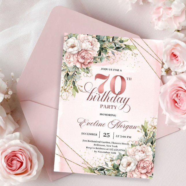 Delightful Blush Pink Shimmering Floral 70th Bday Inbjudningar (Delightful Blush Pink Shimmering Floral 70th Birthday Invitation)