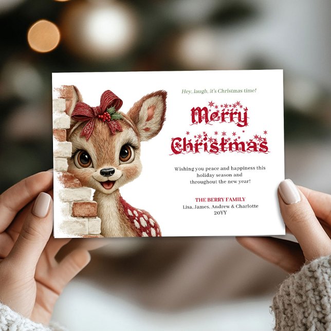 Delightful Christmas baby fawn peeking greeting  Julkort (Delightful Christmas baby fawn peeking greeting card)