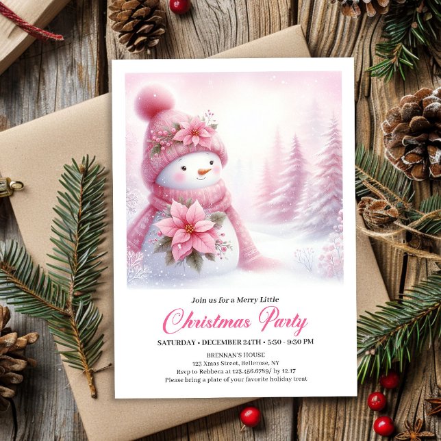Delightful Snowy Forest Pink Snowman Kids Invite  Inbjudningar (Delightful Snowy Forest Pink Snowman Kids Invite Digital)