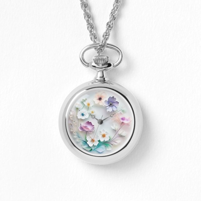 Delikat 3D Pastel Flowers Watch Necklace Armbandsur (Framsida)