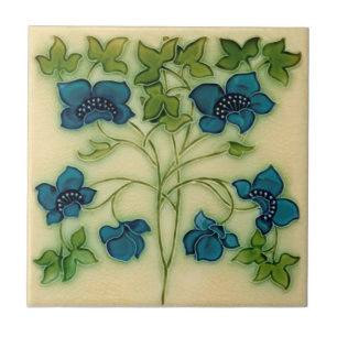 Delikat Art nouveau Pilkington Blue Blommigt Repro Kakelplatta