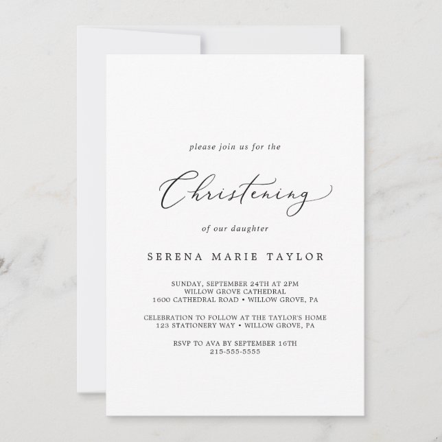 Delikat Black Calligraphy Christening Inbjudningar (Framsida)