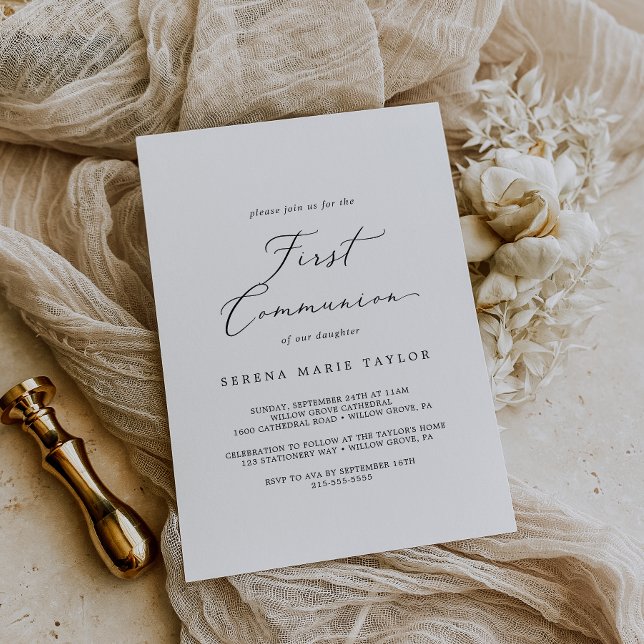 Delikat Black Calligraphy First Communion Inbjudningar (Skapare uppladdad)