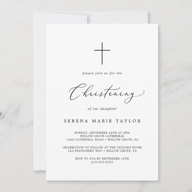 Delikat Black Calligraphy Kor Christening Inbjudningar (Framsida)