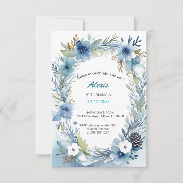 Delikat Blommigt Utandning Mjuk blå födelsedag Inbjudningar (Framsida)
