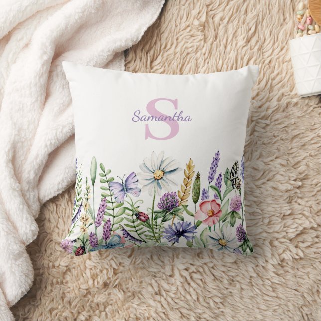 Delikat Blommigt WildblomButterfly Monogram Kudde (Filt)