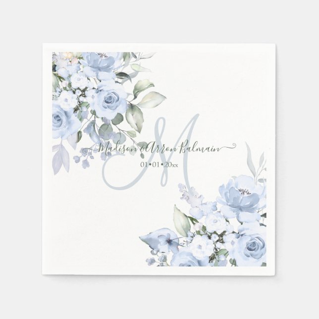 Delikat Bloom Watercolor Dusty Blue Monogram Pappersservett (Framsidan)