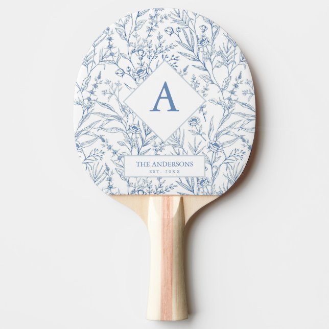 Delikat Blue Blommigt Monogram Ping Pong Paddle Pingisracket (Framsidan)