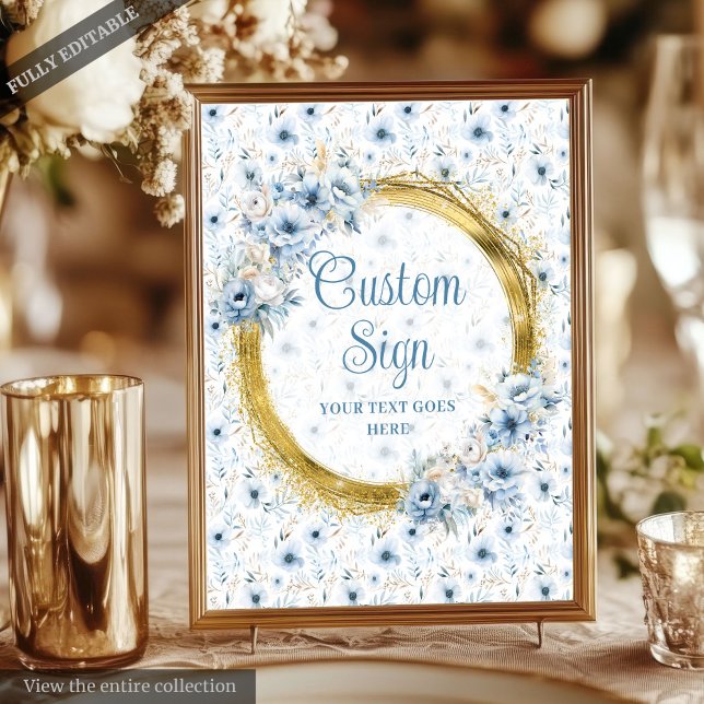 Delikat Boho Dusty Blue Guld 8x10 Bröllop-tecken Poster (Delicate Boho Dusty Blue Gold 8x10 Wedding Sign)