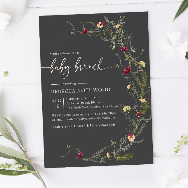 Delikat Boho Mörk Grått Wildblommor Baby Brunch Inbjudningar (Skapare uppladdad)