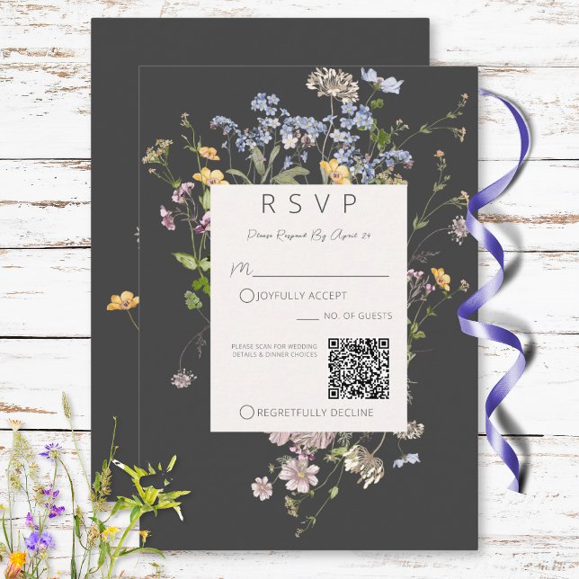 Delikat Boho Wildblomkol Bröllop QR-kod OSA Kort (Delicate Boho Wildflowers Charcoal Wedding QR Code RSVP Card)
