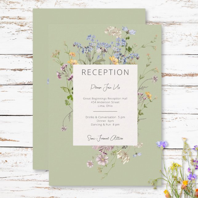 Delikat Boho Wildblomme Grönt Reception Bröllop Tilläggskort (Delicate Boho Wildflowers Green Reception Wedding Enclosure Card)