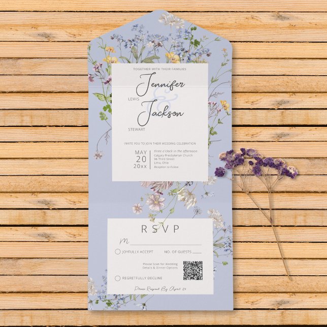 Delikat Boho Wildblomme Periwinkle QR-kod (Delicate Boho Wildflowers Periwinkle QR Code All In One Invitation)