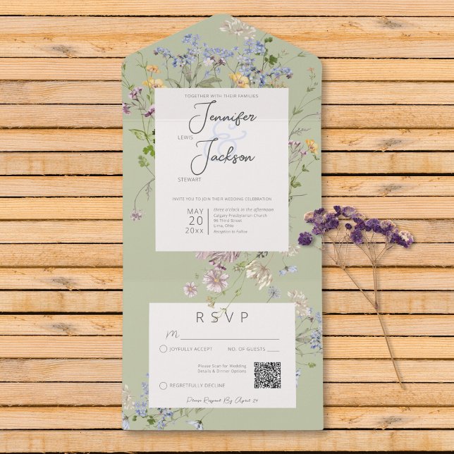 Delikat Boho Wildblommes Sage Grönt QR-kod (Delicate Boho Wildflowers Sage Green QR Code All In One Invitation)